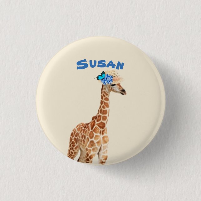 Giraff i hatt med blå fjärilsbutton knapp (Framsida)