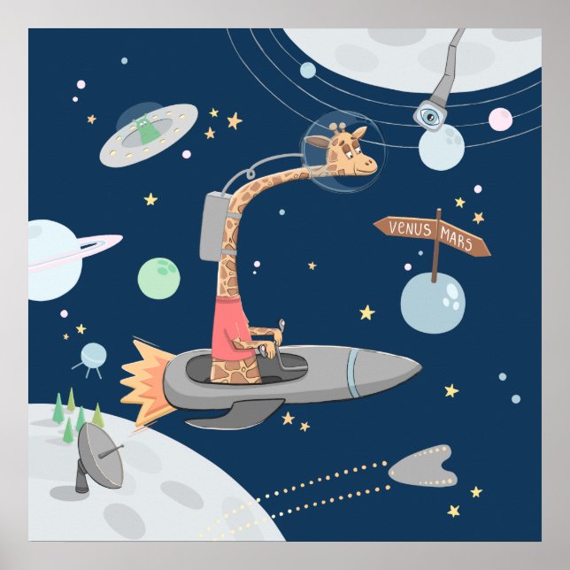 Giraff i rymden. Planeter. Djur barnkammare Poster (Framsidan)