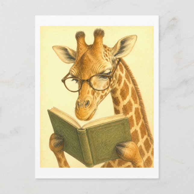 Giraff i vintage-stil som läser vykort (Framsida)