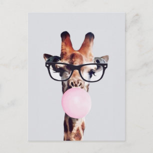 Giraff iförd glasögon blåser rosa bubbelgum vykort
