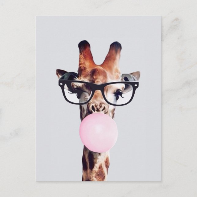 Giraff iförd glasögon blåser rosa bubbelgum vykort (Framsida)