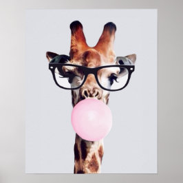 Giraff iklädd glasögon blåser rosa tuggummibubbla poster