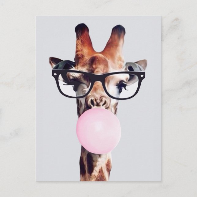 Giraff iklädd glasögon blåser rosa tuggummibubbla vykort (Framsida)