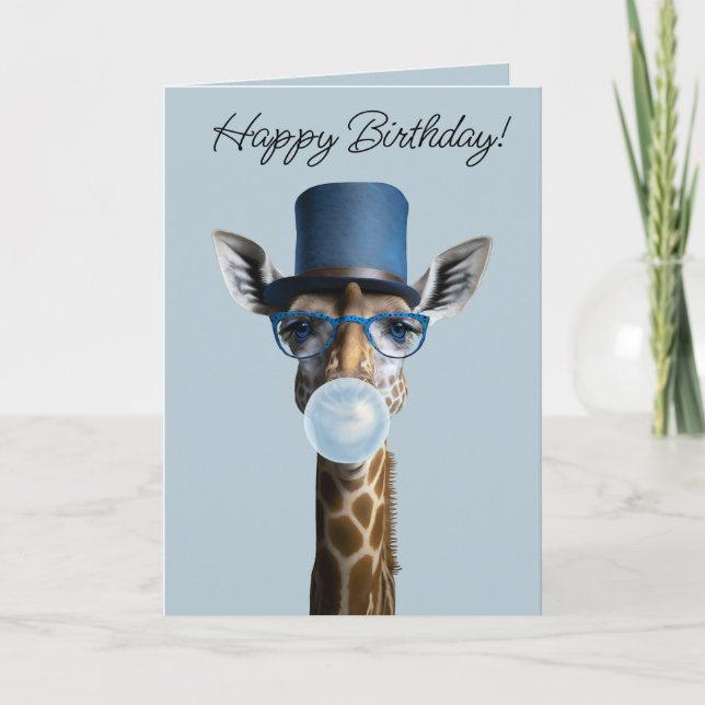 Giraff iklädd glasögon, topp hatt och blå tuggummi kort (Framsida)