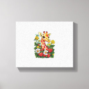 Giraff Jordgubbar och blommor Grafisk söt Giraff Canvastryck