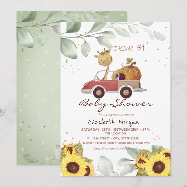 Giraff Lastbil Solroser Pumpa Drive Baby Shower Inbjudningar (Fram/baksida)
