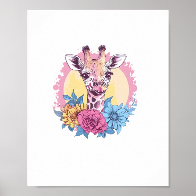 Giraff med färgglad blommig bakgrund   poster (Framsidan)