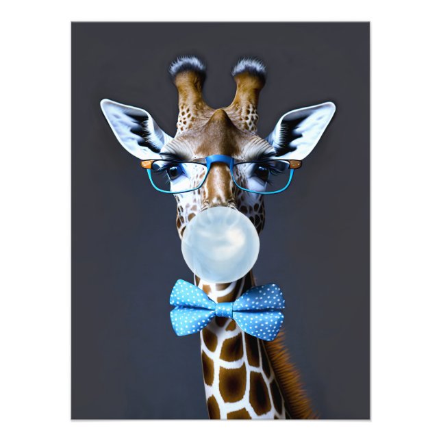 Giraff med glasögon, flug som blåser blå tuggummi fototryck (Framsidan)