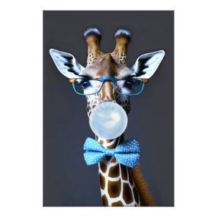 Giraff med glasögon, fluga som blåser blå tuggummi fototryck