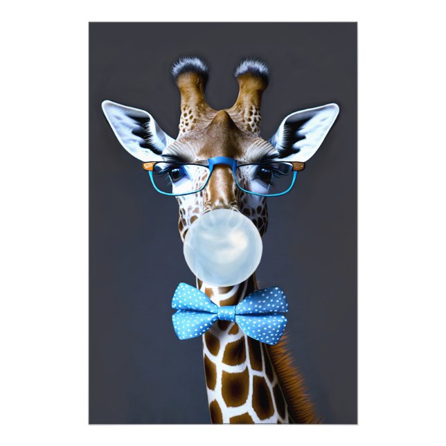 Giraff med glasögon, fluga som blåser blå tuggummi fototryck (Framsidan)