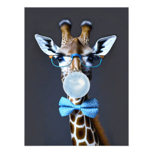 Giraff med glasögon, fluga som blåser blå tuggummi fototryck