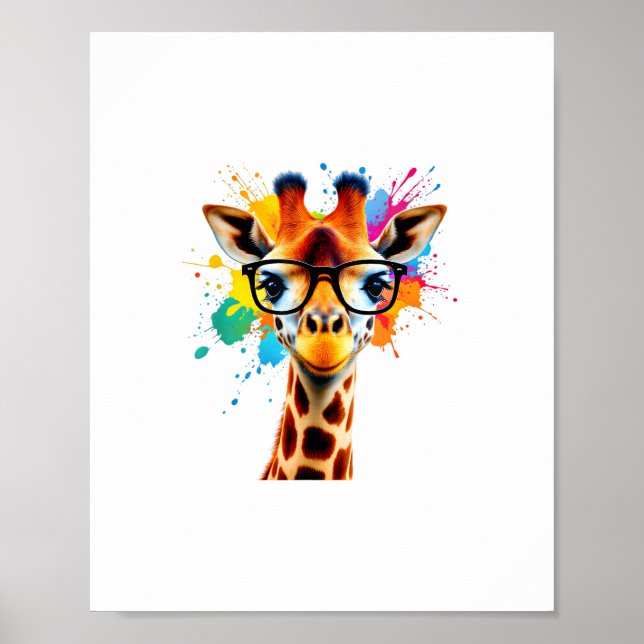 Giraff med glasögon och färgglad stänk - Färg Poster (Framsidan)