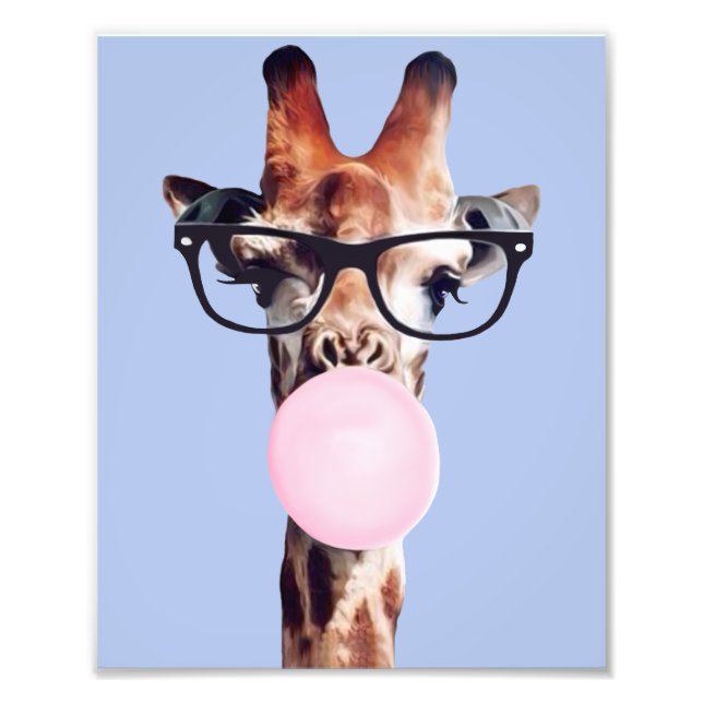 Giraff med glasögon som blåser bubbelgummi fototryck (Framsidan)