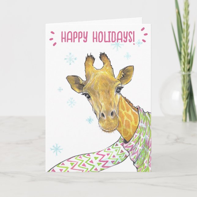 Giraff med julskärp Kul rolig Djurkonst Helgkort (Framsida)