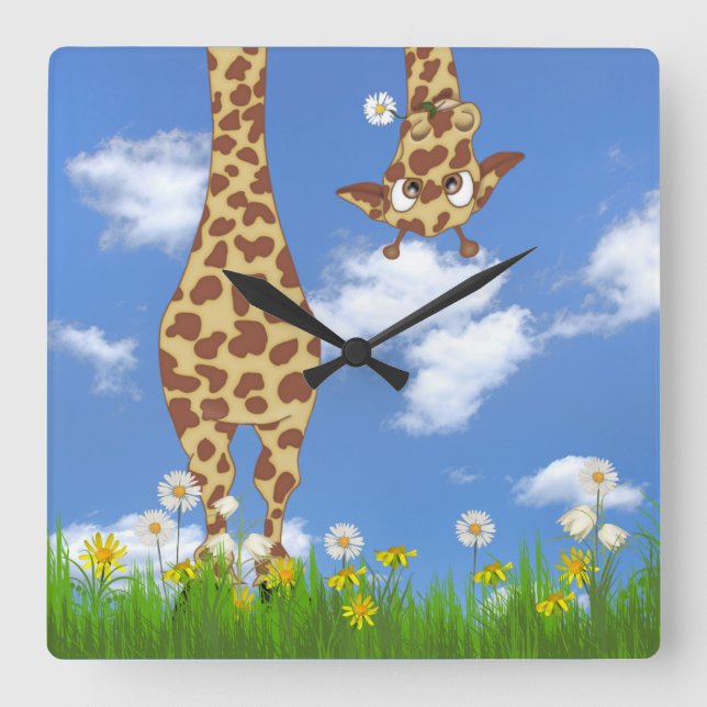 Giraff med tusenskönor mot himlen fyrkantig klocka (Framsida)