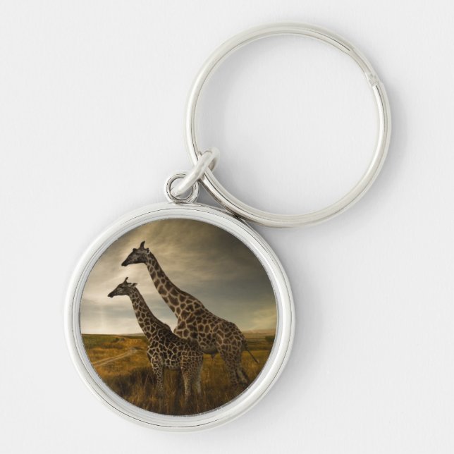 Giraff och landskap rund silverfärgad nyckelring (Framsidan)