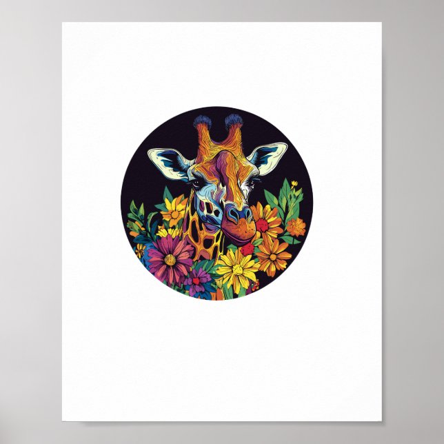 Giraff omgiven av livfulla blommor  _1 poster (Framsidan)