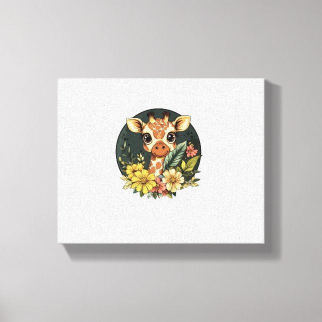 Giraff Omgiven Av Livfulla Blommor   Canvastryck (Framsida)