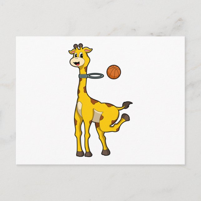 Giraff på basketboll med basketkorg vykort (Framsida)