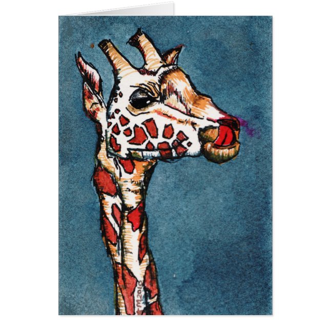 giraff på blått hälsningskort (Framsidan)