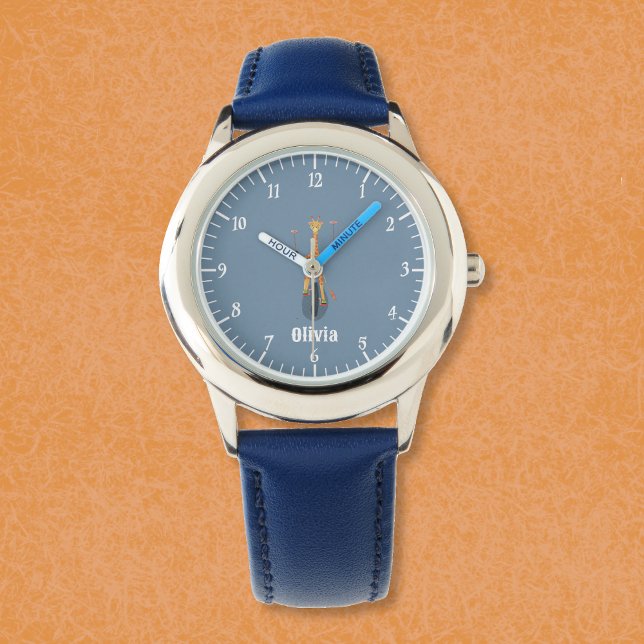 Giraff på enhjuling Barn blå klocka med namn (Funny giraffe on a unicycle kid personalized beginner watch .)