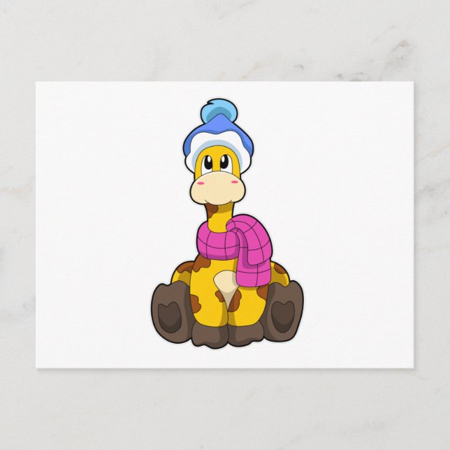 Giraff på vintern med halsduk och hatt vykort (Framsida)