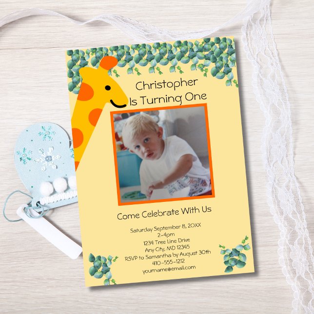 Giraff Pojkar 1-årsfirande Foto Inbjudningar (Giraffe Photo 1st Birthday invitation. Printed or digital download)