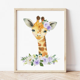 Giraff, Safari, Lila Blommor, Könsneutralt Poster