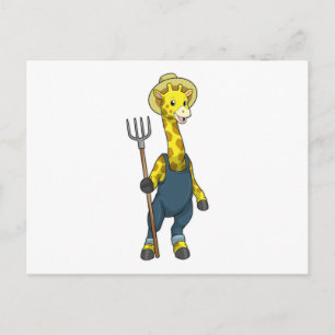 Giraff som bonde med höpitchfork vykort