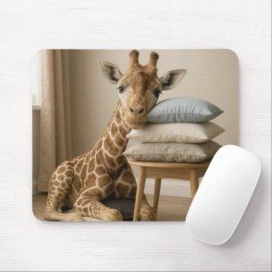 Giraff som lutar sig mot en hög med kuddar musmatta