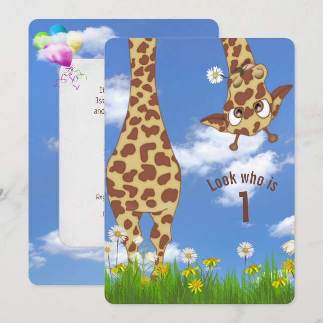 Giraffe 1:a födelsedagen Party Inbjudningar (Fram/baksida)