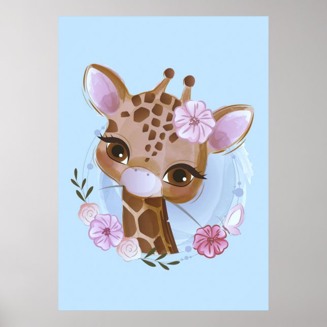 Giraffe Älskare cute Baby Giraffe med blomma Poster (Framsidan)