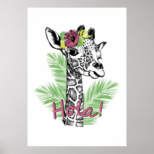 Giraffe Älskare Giraffe med Hibiscus Poster (Framsidan)