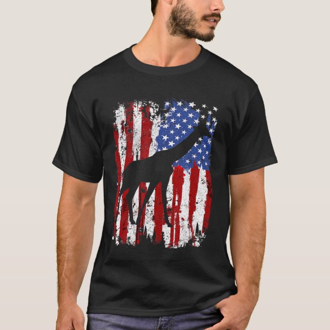 Giraffe American Flagga T Shirt (Framsida)