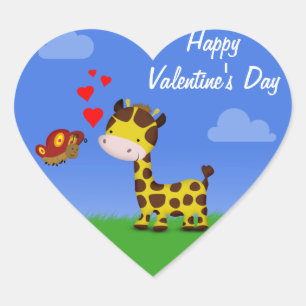Giraffe and Butterfly Valentine Day Hjärtformat Klistermärke