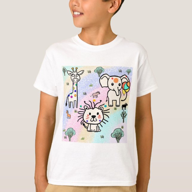 Giraffe and Lion and Elephant and Grass T Shirt (Framsida)