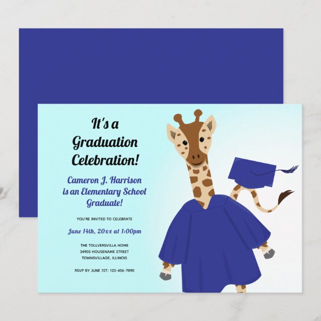 Giraffe Animal Blue Cap Gown Kid Studenten Inbjudningar (Fram/baksida)