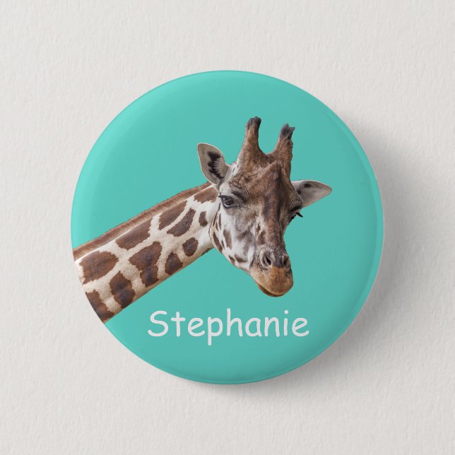 Giraffe Animal Photo on Teal Personlig Namn Knapp (Framsida)