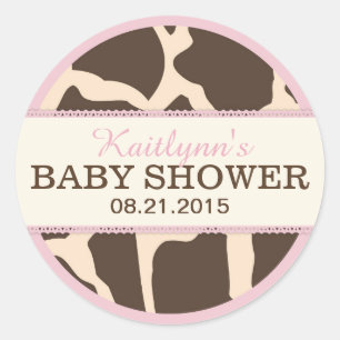 Giraffe Animal Print and Rosa Baby Shower-etikett Runt Klistermärke
