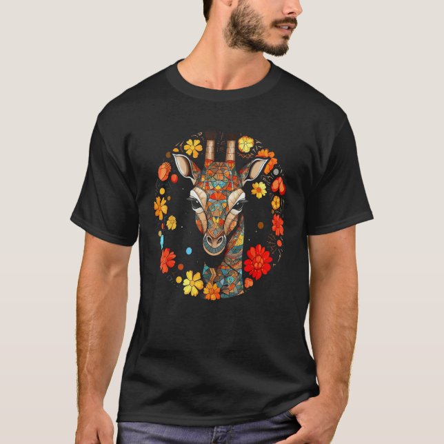 Giraffe Artwork Colourful Flowers Animals Motif Gi T Shirt (Framsida)