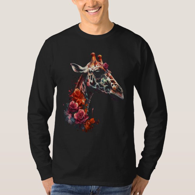 Giraffe Artwork  Flowers Animal T Shirt (Framsida)