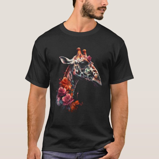 Giraffe Artwork Flowers Animal T Shirt (Framsida)