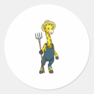 Giraffe as Farmer med Pitchfork Runt Klistermärke