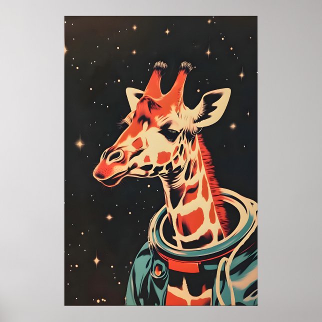 Giraffe Astronaut Affisch, Giraffe Retro Tryck (Framsidan)