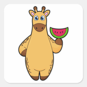 Giraffe at Eating with Watermelon Fyrkantigt Klistermärke