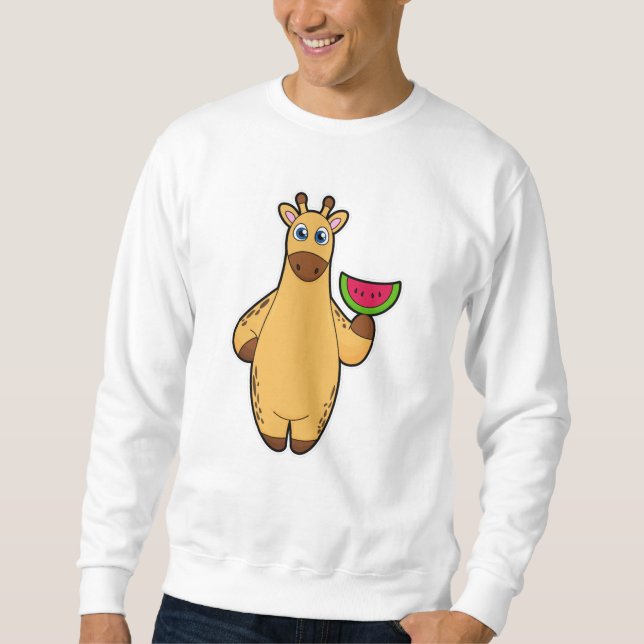 Giraffe at Eating with Watermelon Lång Ärmad Tröja (Framsida)