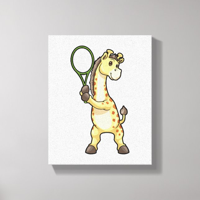 Giraffe at Tennis with Tennis racket Canvastryck (Framsida)