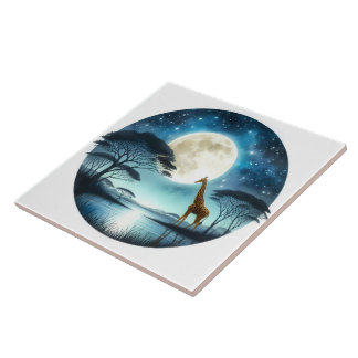 Giraffe av Serene Moonlit Sjö i natt Kakelplatta