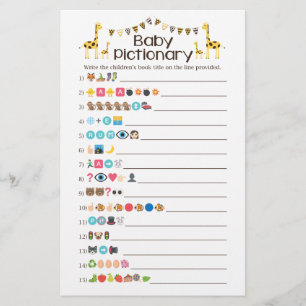 Giraffe Baby Bokar Emoji Pictionary Shower Game Flygblad