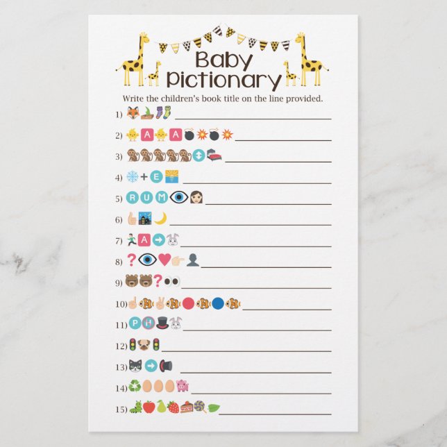 Giraffe Baby Bokar Emoji Pictionary Shower Game Flygblad (Framsidan)